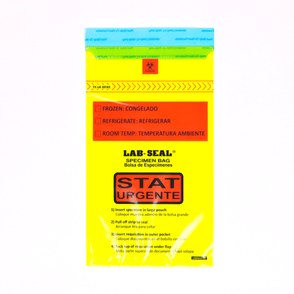 6" X 10" Lab Seal? Tamper-Evident Specimen Bags with Removable Biohazard Symbol - Yellow Tint Printed "STAT"